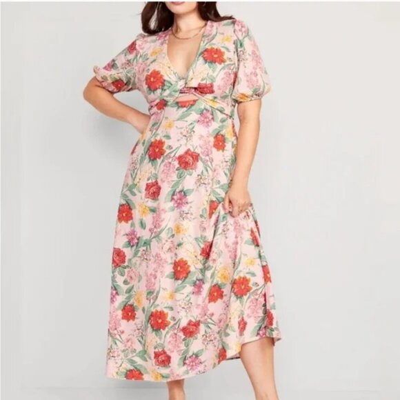 Old Navy womens pink flower twist wrap puff sleeve linen blend dress size medium - Picture 1 of 12